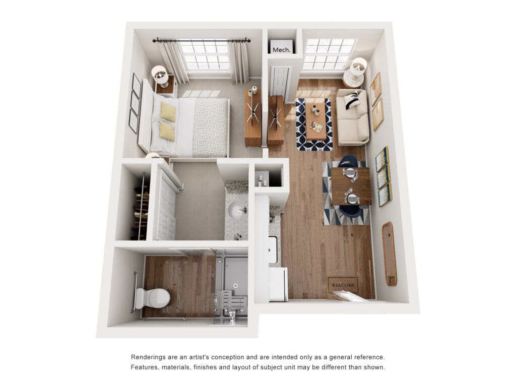 Stylish, open-layout apartment featuring a cozy bedroom, inviting living area, and dining space, promoting a vibrant lifestyle.