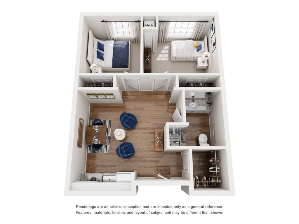 Spacious floor plan featuring welcoming living spaces, two bedrooms, and upscale amenities for a vibrant lifestyle.