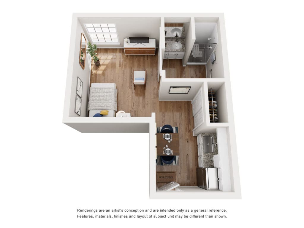 Stylish studio layout featuring a cozy living area, modern kitchenette, and elegant bathroom in a bright, inviting space.
