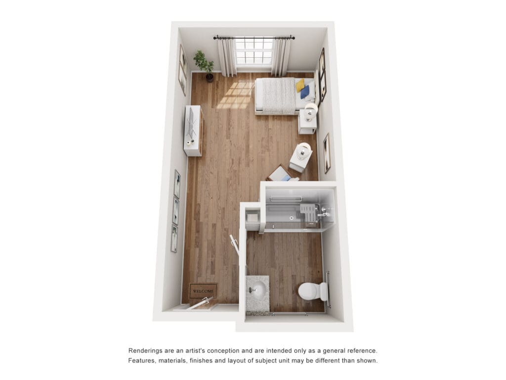 Stylish studio layout featuring wood flooring, large windows, and thoughtful amenities for a vibrant lifestyle.