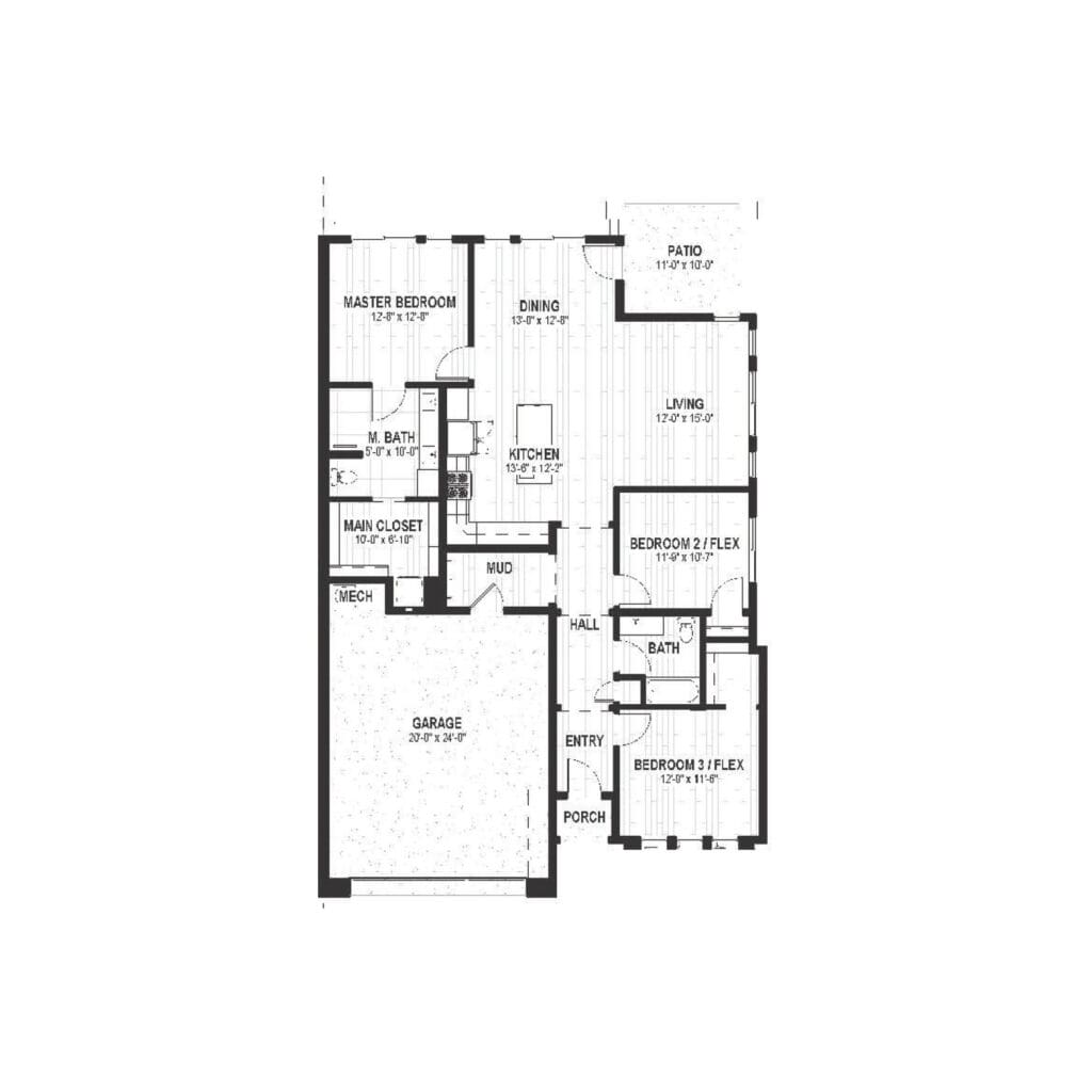 Detailed floor plan showcasing a spacious layout with three bedrooms, a kitchen, dining area, and outdoor patio.