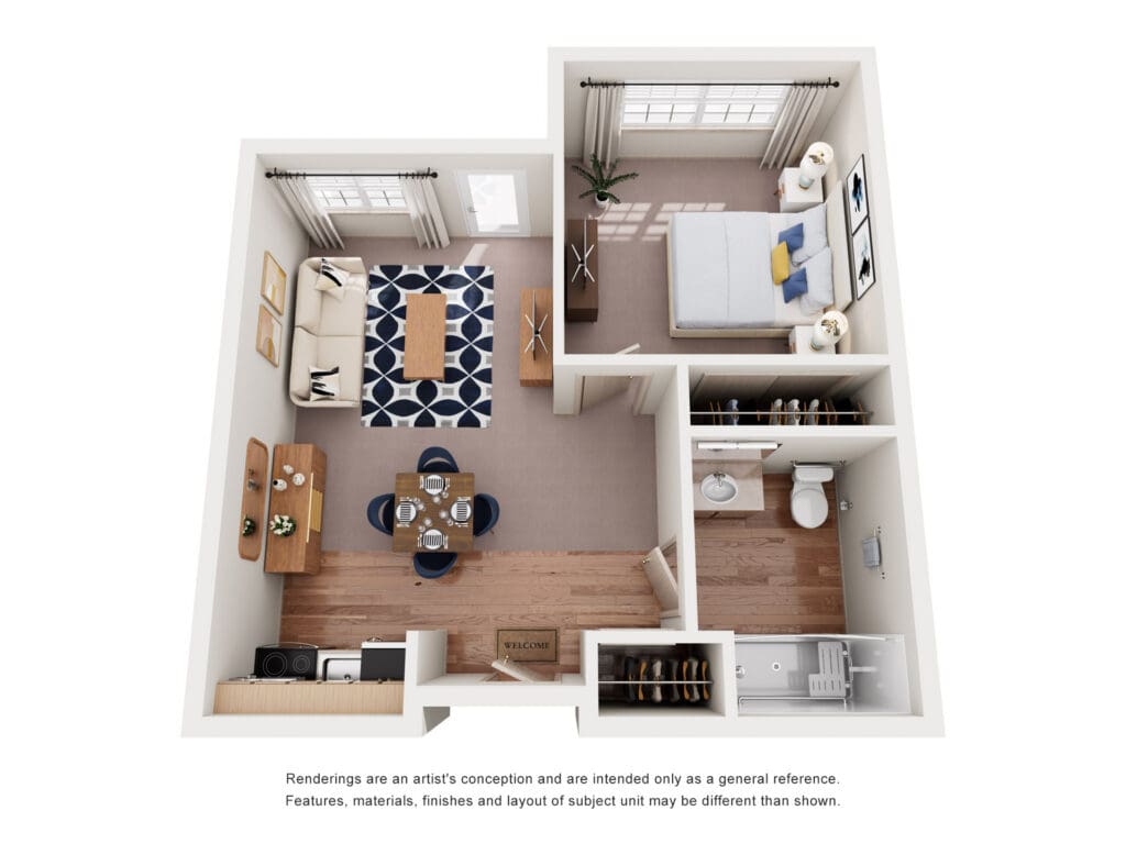 Stylish apartment layout featuring a cozy living space, dining area, modern kitchen, and serene bedroom.