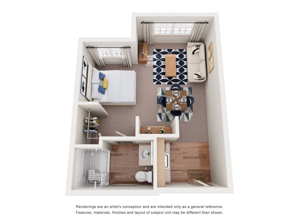 Bright, stylish senior living unit layout featuring a cozy bedroom, inviting living area, and modern kitchen space.