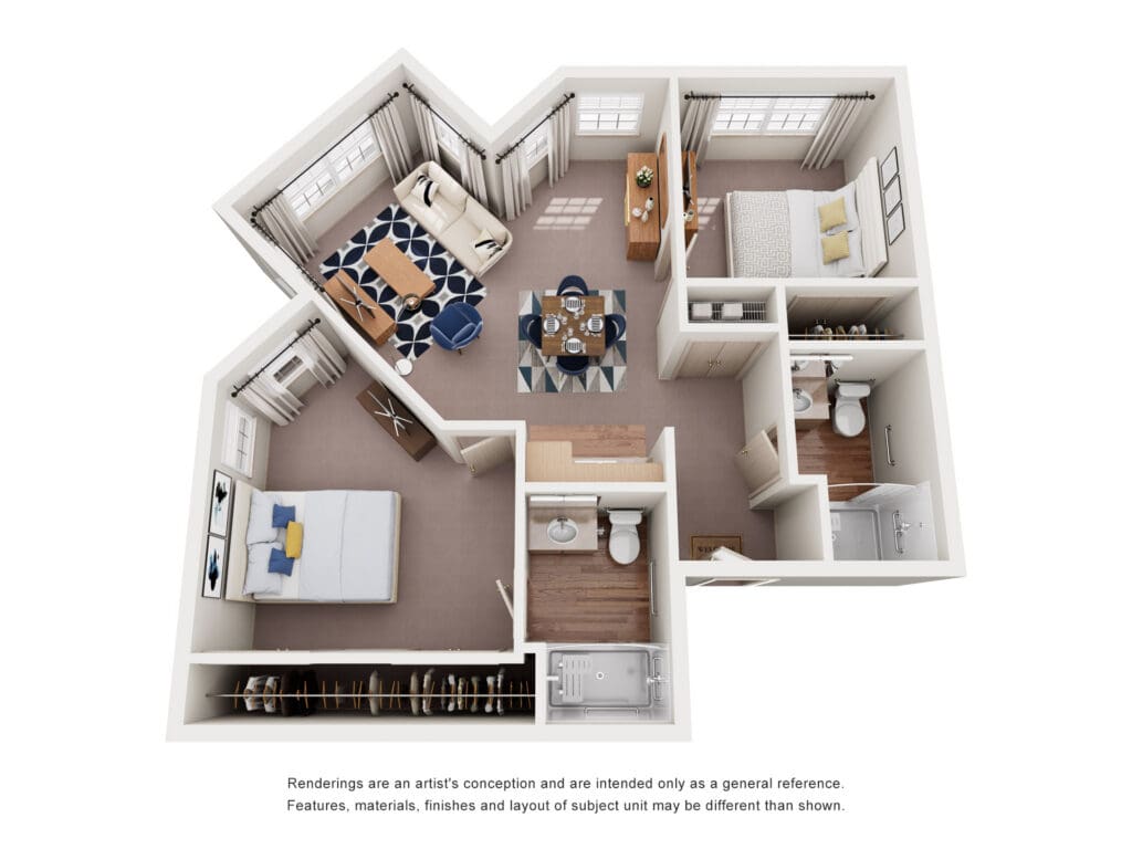 Stylish senior living apartment layout with cozy living areas, modern furnishings, and well-appointed bedrooms.