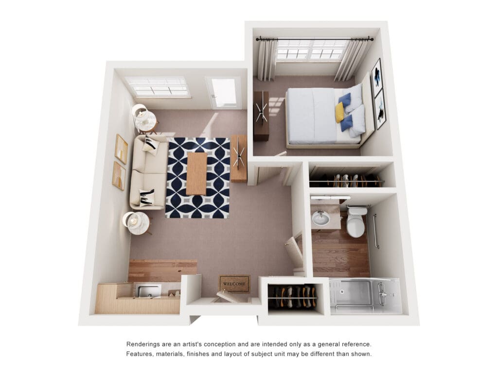 Stylish studio apartment layout featuring a cozy living area, bedroom with modern decor, and a welcoming atmosphere.