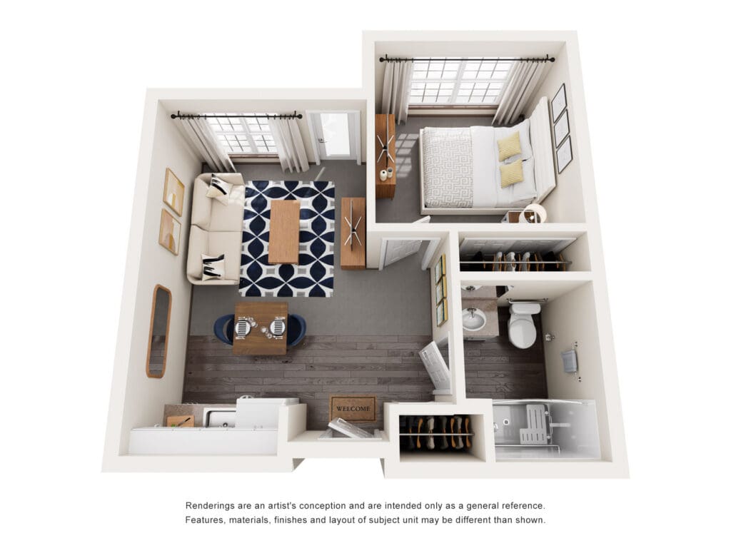 Elegant senior living apartment layout featuring a cozy living area, bedroom, and modern amenities for a vibrant lifestyle.