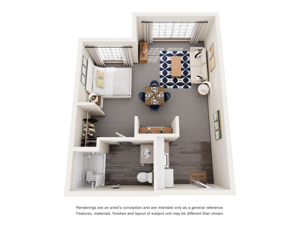 Stylish one-bedroom senior living apartment layout featuring a cozy living area, dining space, and elegant furnishings.