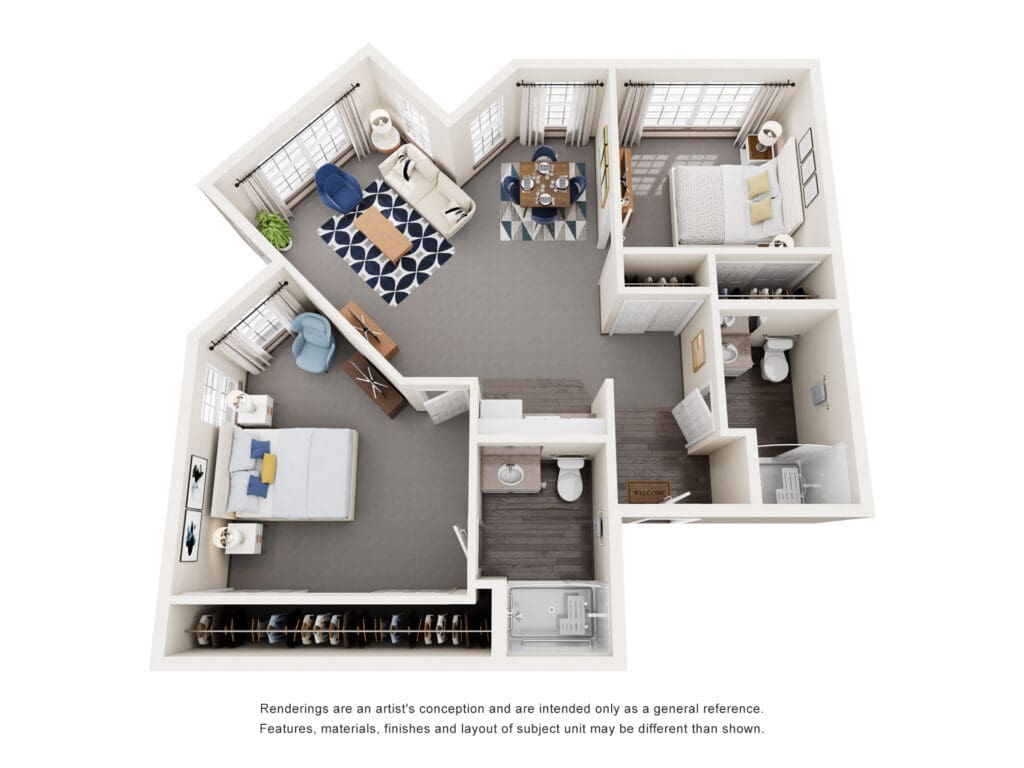Stylish apartment layout featuring modern furnishings, a welcoming living area, and spacious bedroom with upscale finishes.