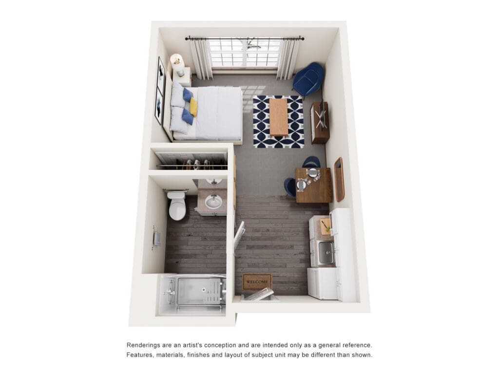 Cozy interior layout featuring a bedroom, bathroom, and living area with upscale furnishings and welcoming atmosphere.