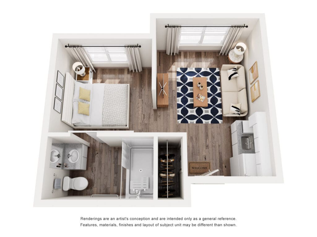 Elegant one-bedroom apartment layout featuring upscale living area, cozy bedroom, modern kitchenette, and stylish bathroom.