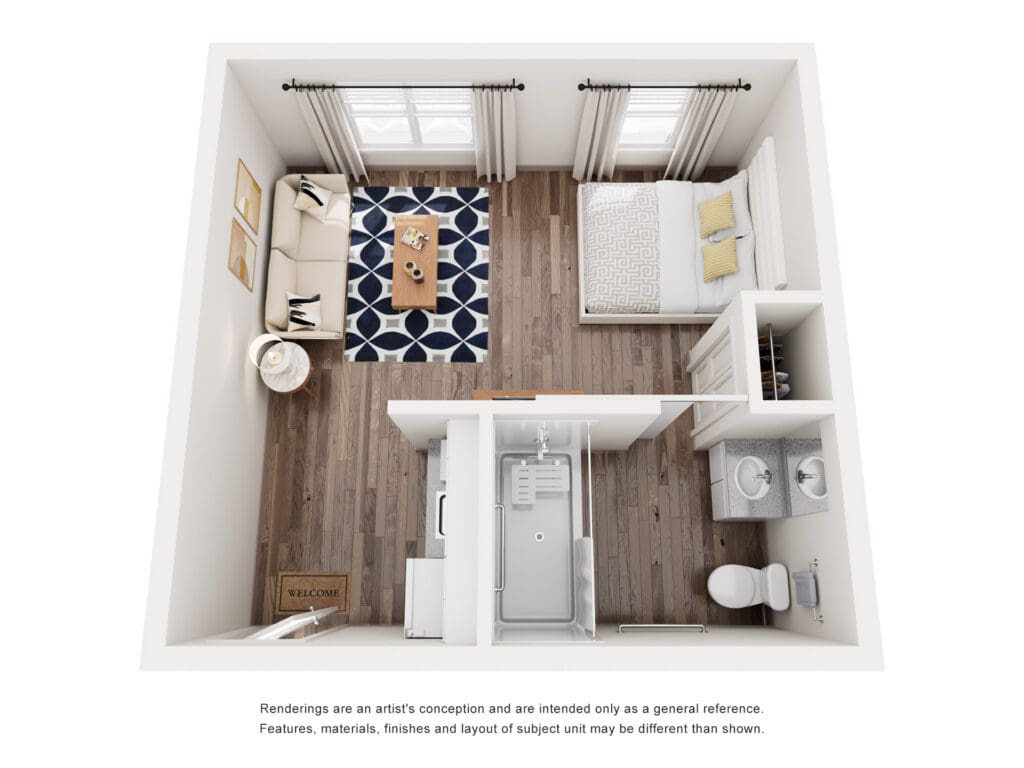 Stylish studio layout featuring a cozy seating area, bright bedroom, modern kitchen, and elegant bathroom in upscale design.