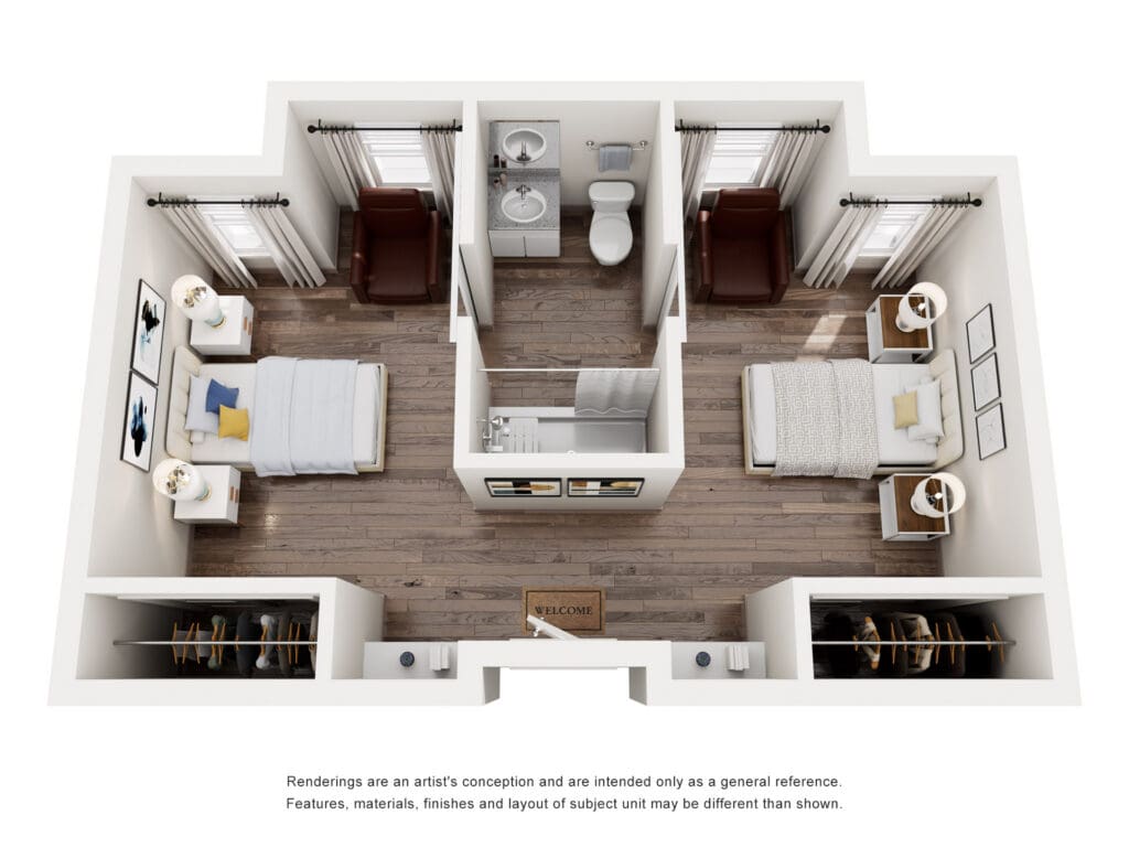 Spacious, well-appointed senior living unit featuring two bedrooms, modern bath, and inviting sitting area with natural light.