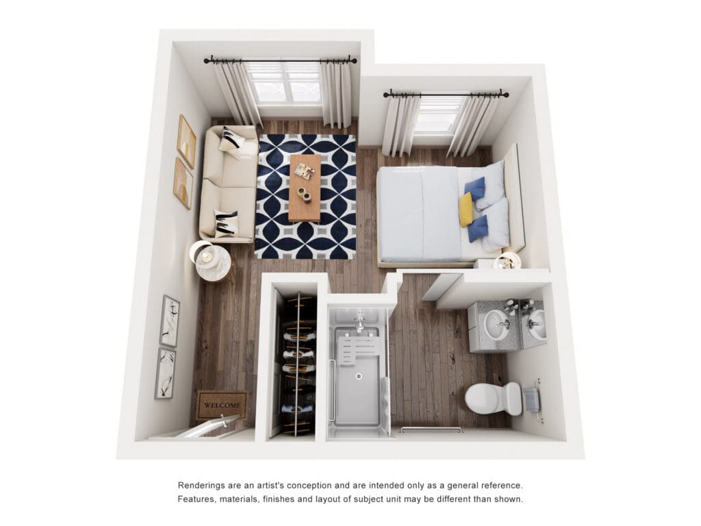 Stylishly designed studio featuring a cozy sitting area, inviting bedroom, and elegant bathroom, ensuring a vibrant lifestyle.