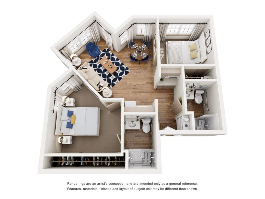 Stylish, spacious floor plan featuring a cozy living area, inviting bedroom, and modern bathroom amenities.