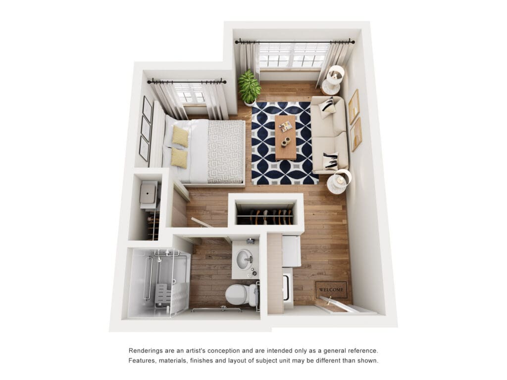 Stylish studio layout featuring a cozy living area, bright bedroom, and modern kitchenette, promoting an inviting lifestyle.