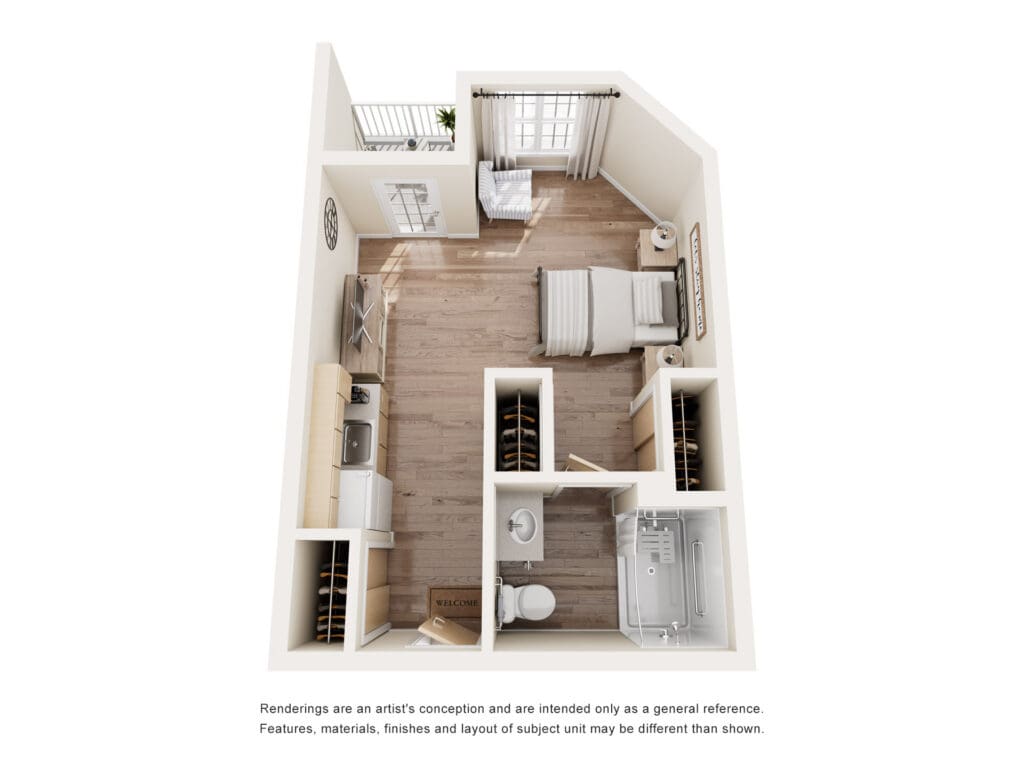Stylish floor plan showcasing an upscale one-bedroom unit with modern amenities and a welcoming atmosphere.
