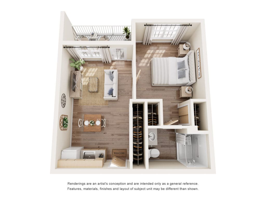 Stylish layout of a senior living apartment featuring a cozy living area, modern kitchen, spacious bedroom, and elegant decor.