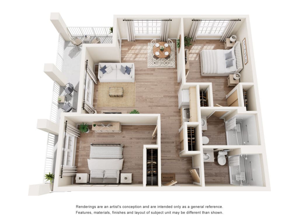 Welcoming, modern senior living apartment layout featuring spacious rooms, outdoor balcony, and upscale finishes.