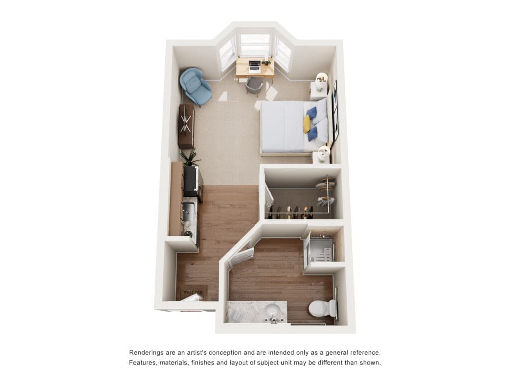 Isometric one-bedroom apartment layout showing a kitchen, living area, bedroom, closet, and bathroom from above.