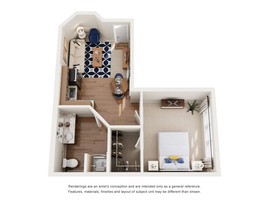 Isometric floor plan of a one-bedroom apartment showing a living room with sofa and rug, a dining table, and a kitchen; bedroom with bed and dresser; bath and closet areas visible.
