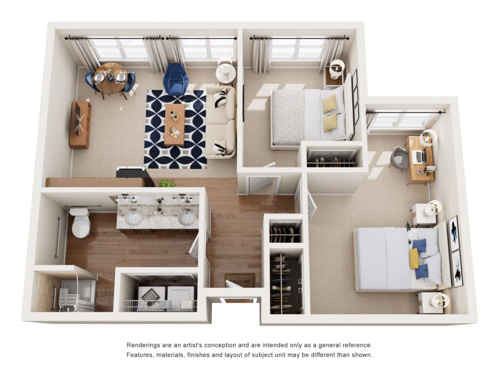 Isometric floor plan of a two-bedroom apartment showing living room, kitchen, bathroom, and two bedrooms with closets and desks.