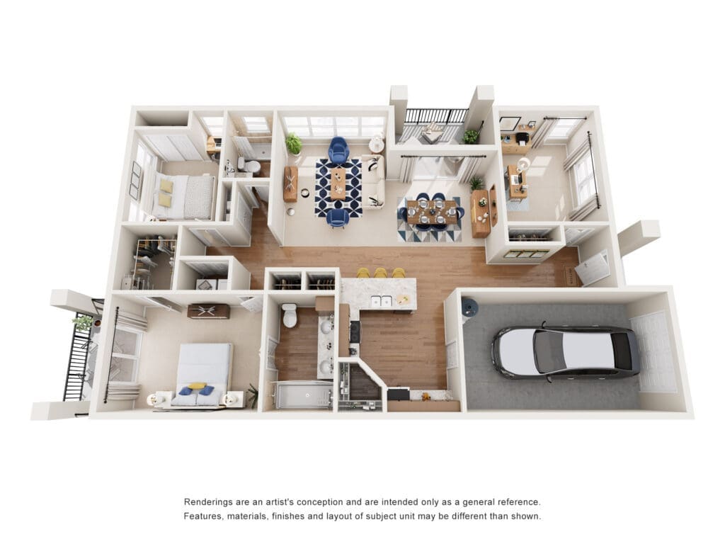 3D top-down floor plan of a two-bedroom apartment with living room, dining area, kitchen island, and attached garage; open, connected spaces.