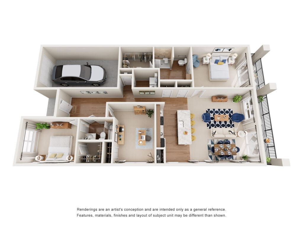 3D floor plan of a one-story apartment showing living area, dining area, kitchen island, two bedrooms, two baths, laundry, and a garage with a car, plus balcony access.