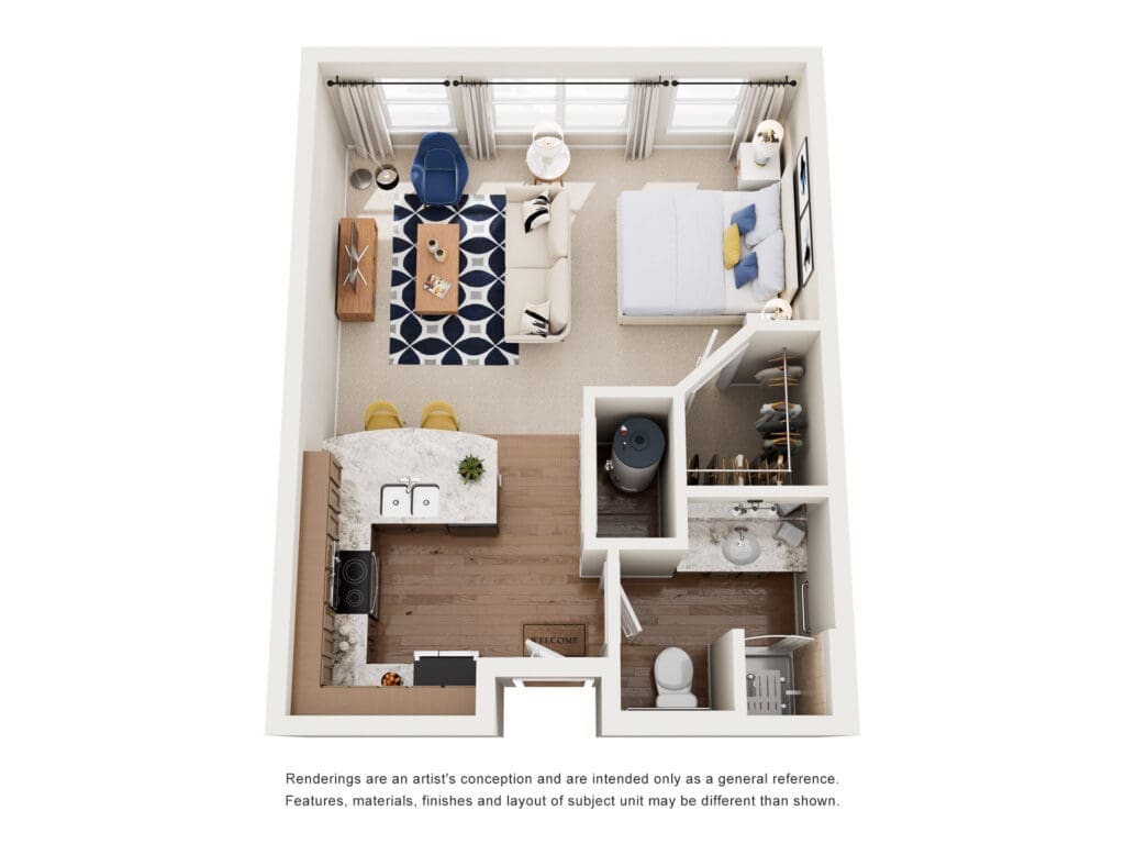 Top-down floor plan of a one-bedroom apartment: living room with sofa, blue chair, rug, coffee table; adjacent kitchen with island and stools; bedroom with bed and nightstands; closet and bathroom area nearby.