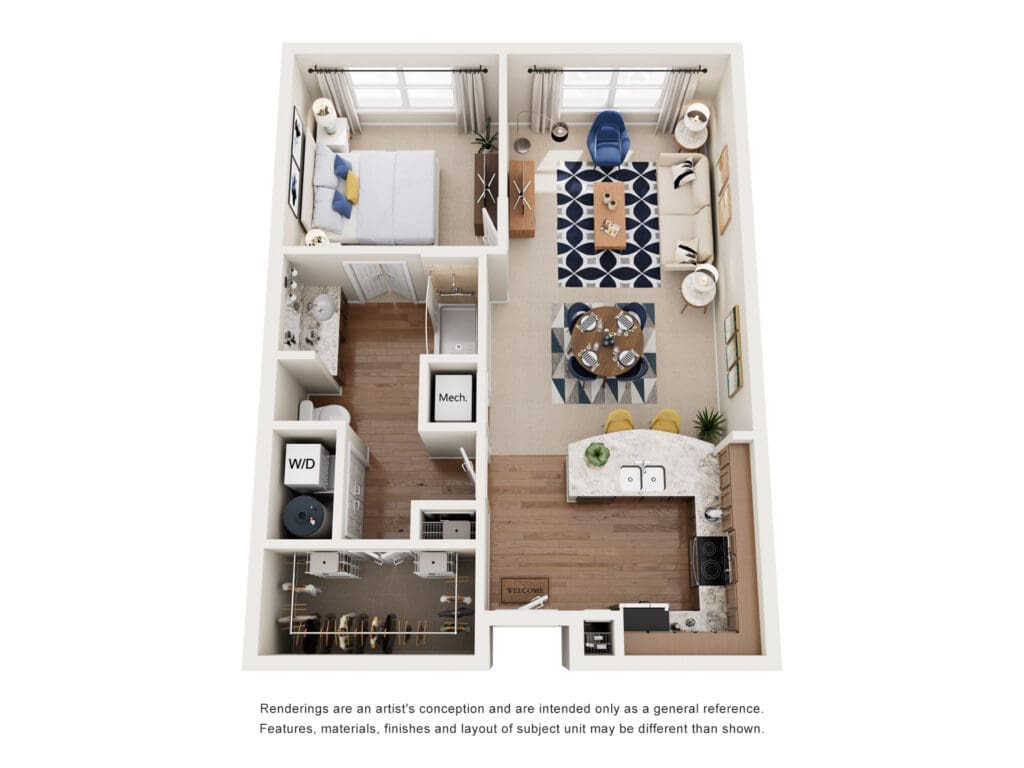 3D floor plan of a one-bedroom apartment showing a kitchen with island, dining area for four, living room, bedroom, bathroom, and closets.