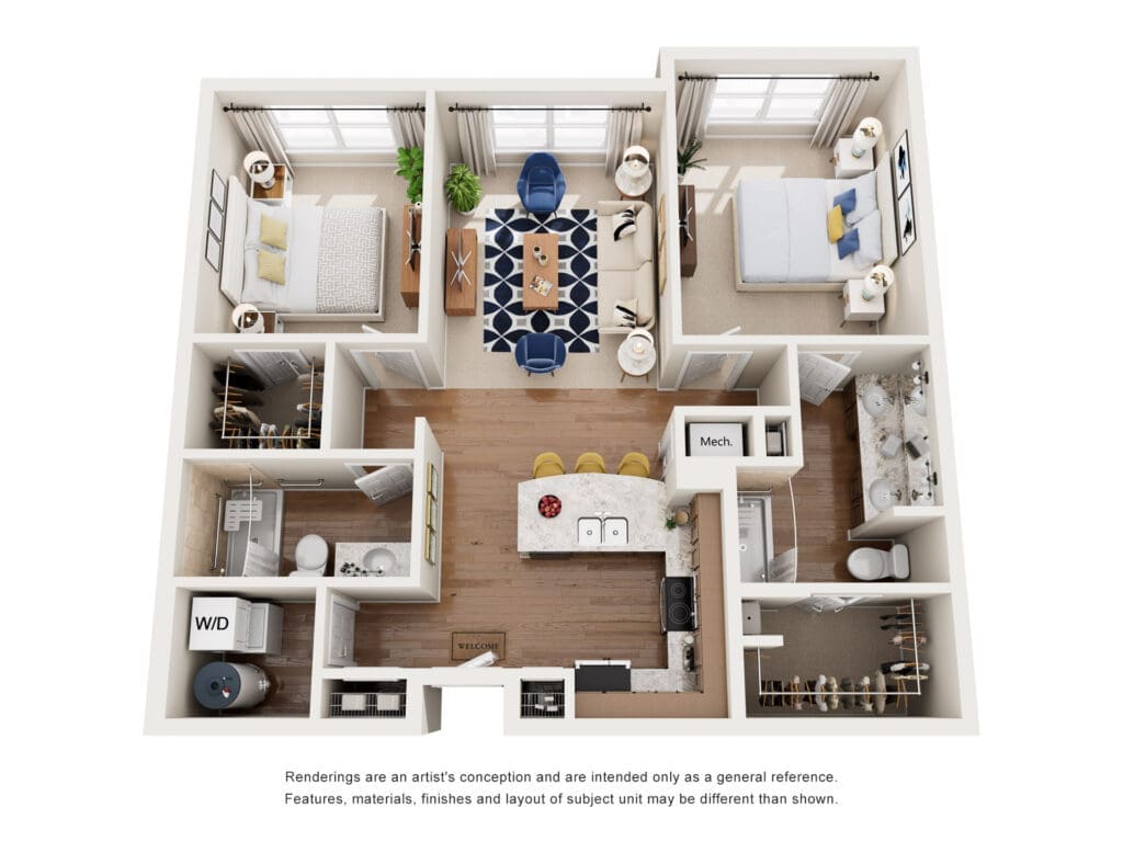 Isometric floor plan of a two-bedroom apartment with living room, kitchen island, dining bar, two bathrooms, and laundry.