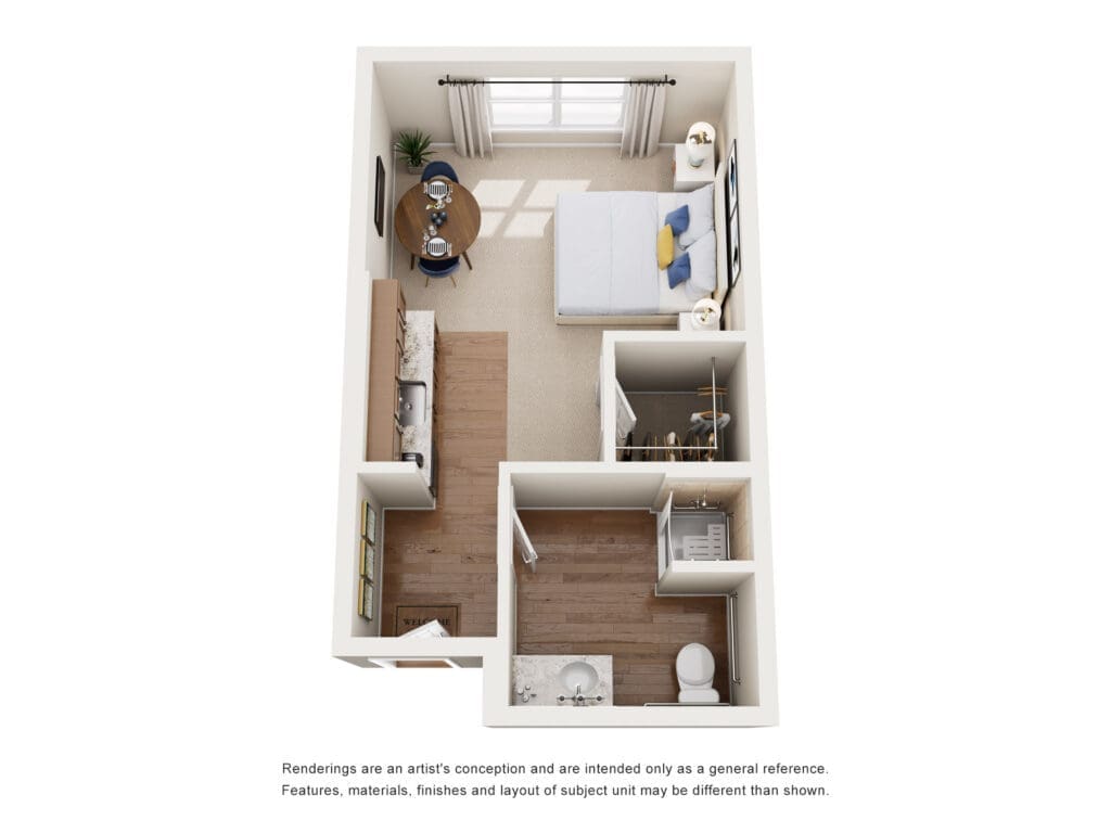Isometric floor plan of a small one-bedroom apartment showing a bedroom, kitchenette with island, a round dining table, a closet, and a bathroom.
