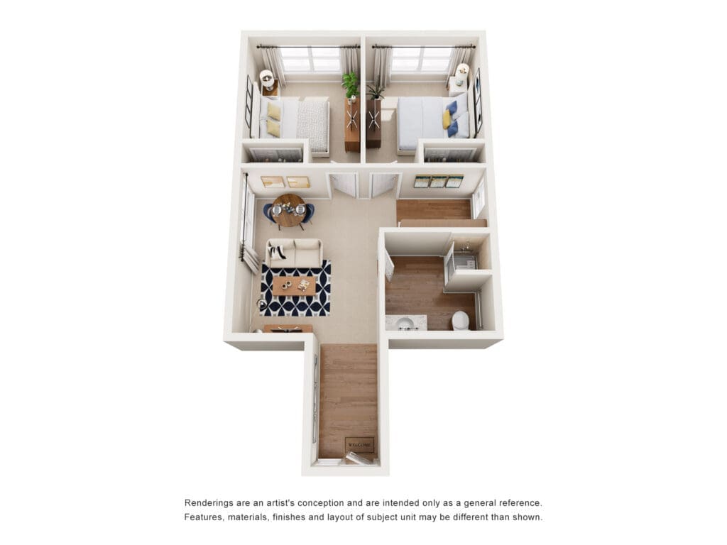 Isometric floor plan of a two-bedroom apartment: living room with rug and sofa, round dining table, two bedrooms, and a bathroom.