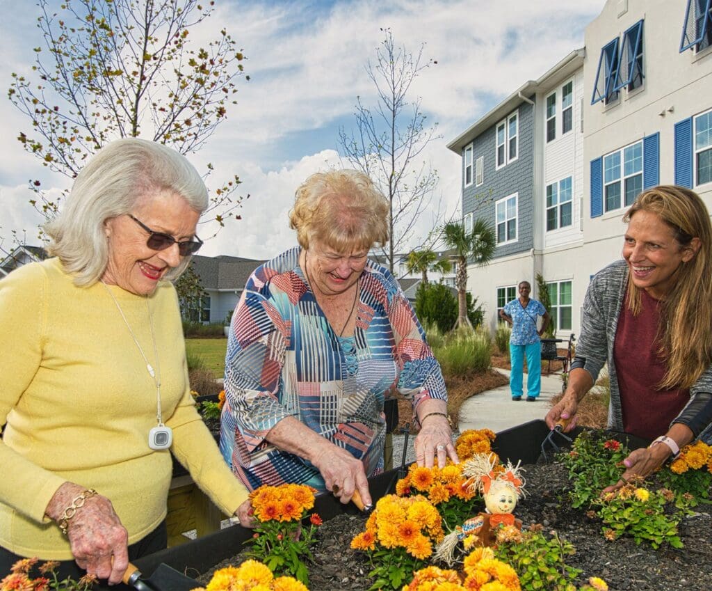 Seniors joyfully tending to vibrant flower beds, fostering community and engagement in a beautiful outdoor setting.