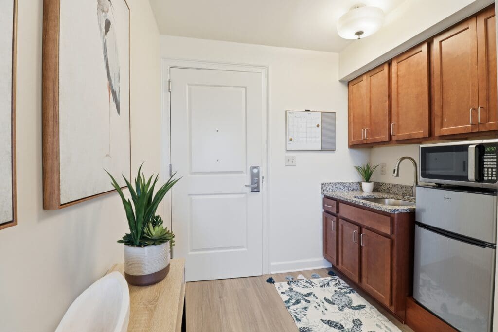 Welcoming kitchenette with modern appliances, elegant cabinetry, and decorative plants, promoting a vibrant living environment.