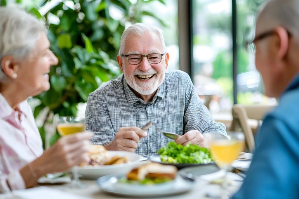 Joyful seniors dining together, savoring delicious meals and drinks in a bright, inviting setting filled with greenery.