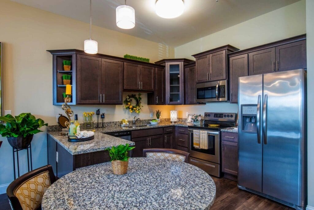 Elegant kitchen featuring granite countertops, modern appliances, and vibrant decor, ideal for a vibrant lifestyle.