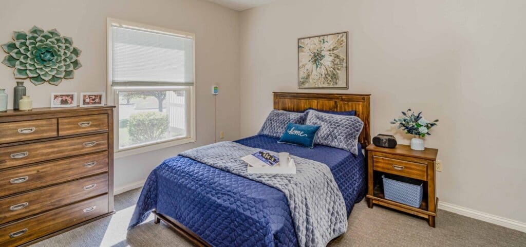 Cozy bedroom featuring a navy quilt, wooden dresser, and soothing decor, fostering a welcoming and serene atmosphere.