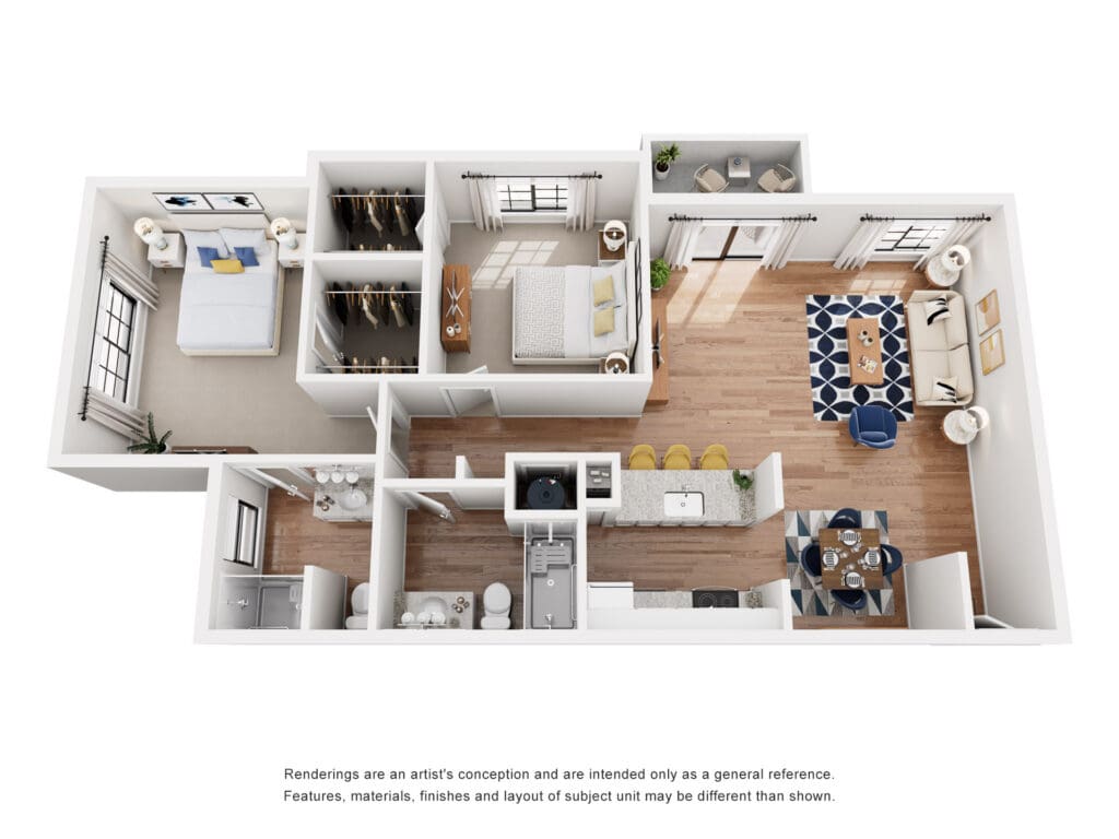Top-down 3D floor plan of a two-bedroom apartment showing living room, kitchen, dining area, and closets.