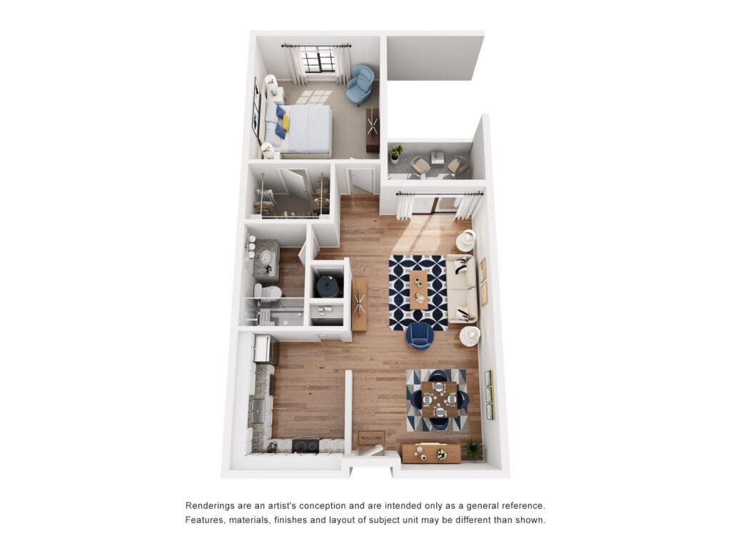 3D floor plan of a one-bedroom apartment showing living room, kitchen, dining area, bedroom, bathroom, and a balcony