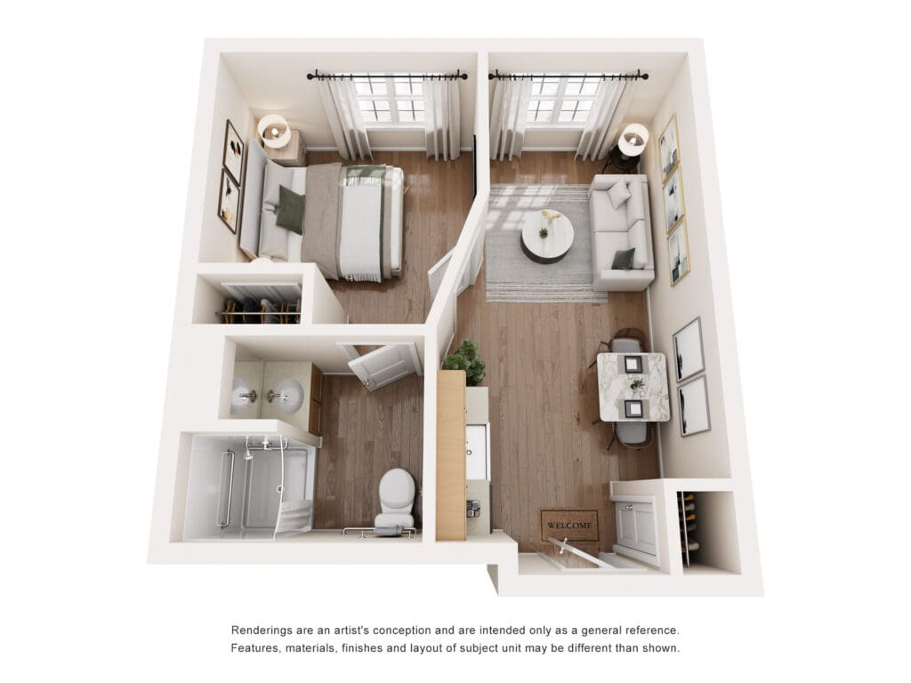 Elegant studio apartment layout featuring a cozy living area, modern kitchenette, inviting bedroom, and stylish bathroom.