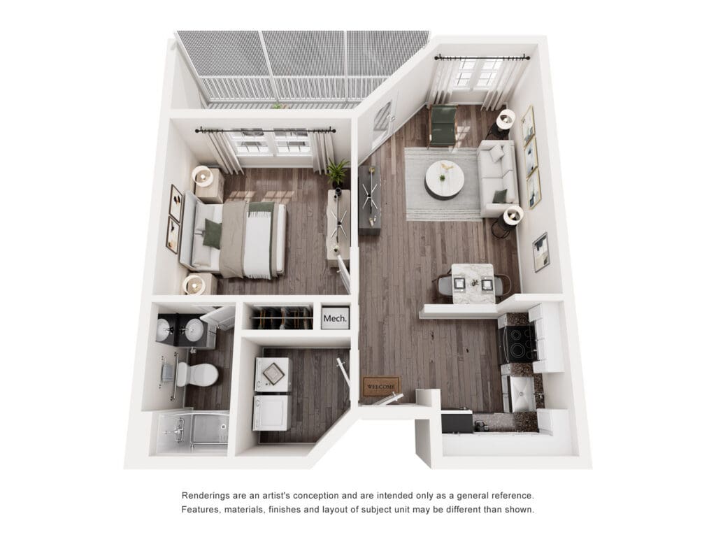 Stylish one-bedroom layout showcasing a modern living area, kitchenette, and inviting bedroom filled with natural light.