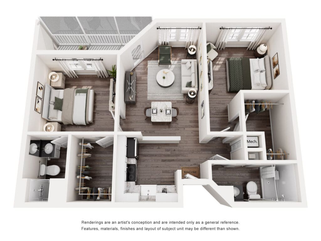 Spacious, elegantly designed two-bedroom apartment layout featuring a modern kitchen, cozy living area, and stylish amenities.