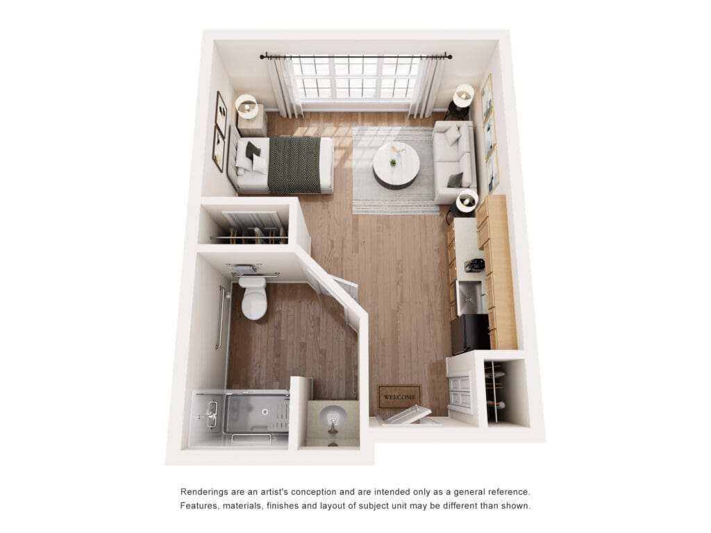 Bright and inviting studio apartment layout with a cozy bedroom, modern kitchenette, and comfortable living space.