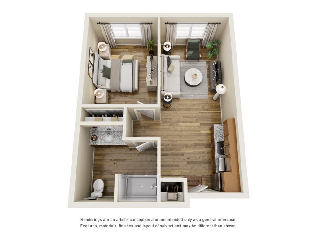 Top-down 3D floor plan of a one-bedroom apartment showing bedroom, living area, kitchen, bathroom, and closets.