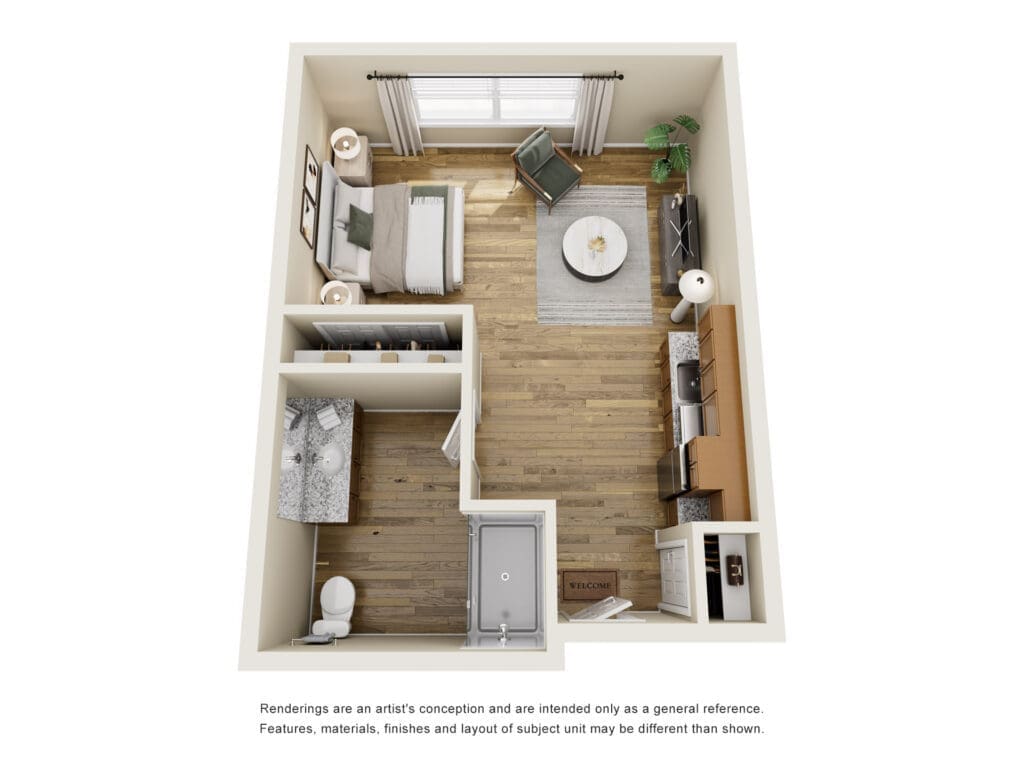 Isometric floor plan of a small apartment with bed area, living space, kitchen, and bathroom in one layout.