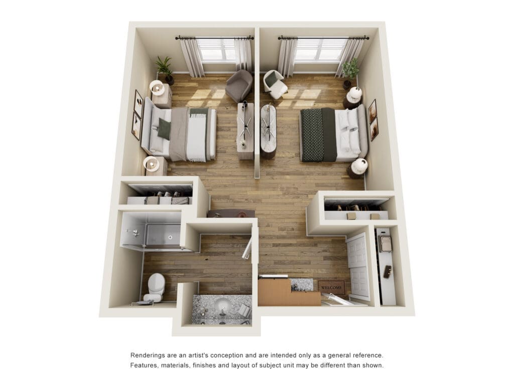 Top-down 3D floor plan of a two-bedroom apartment showing two bedrooms, a shared bathroom, a kitchen entry, and a central living area.