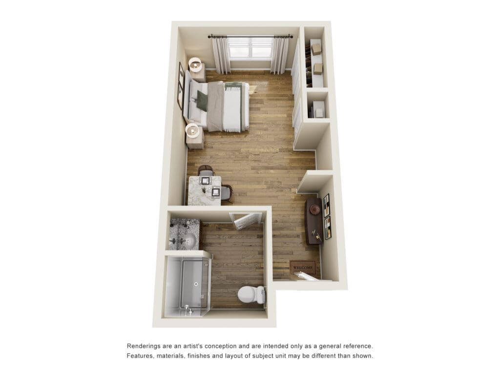 3D floor plan of a narrow one-bedroom apartment with bed, nightstands, closet along the far wall, a small dining table, and a bathroom.