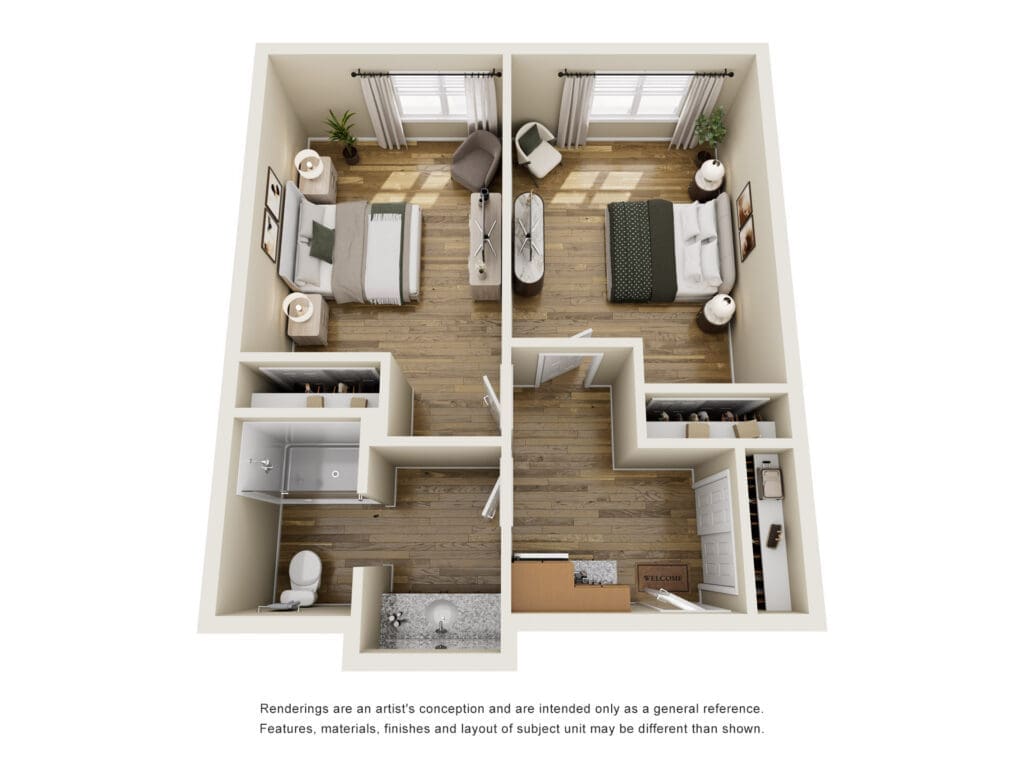 Top-down layout of a two-bedroom apartment showing the living room, kitchen, two bedrooms, and two bathrooms.