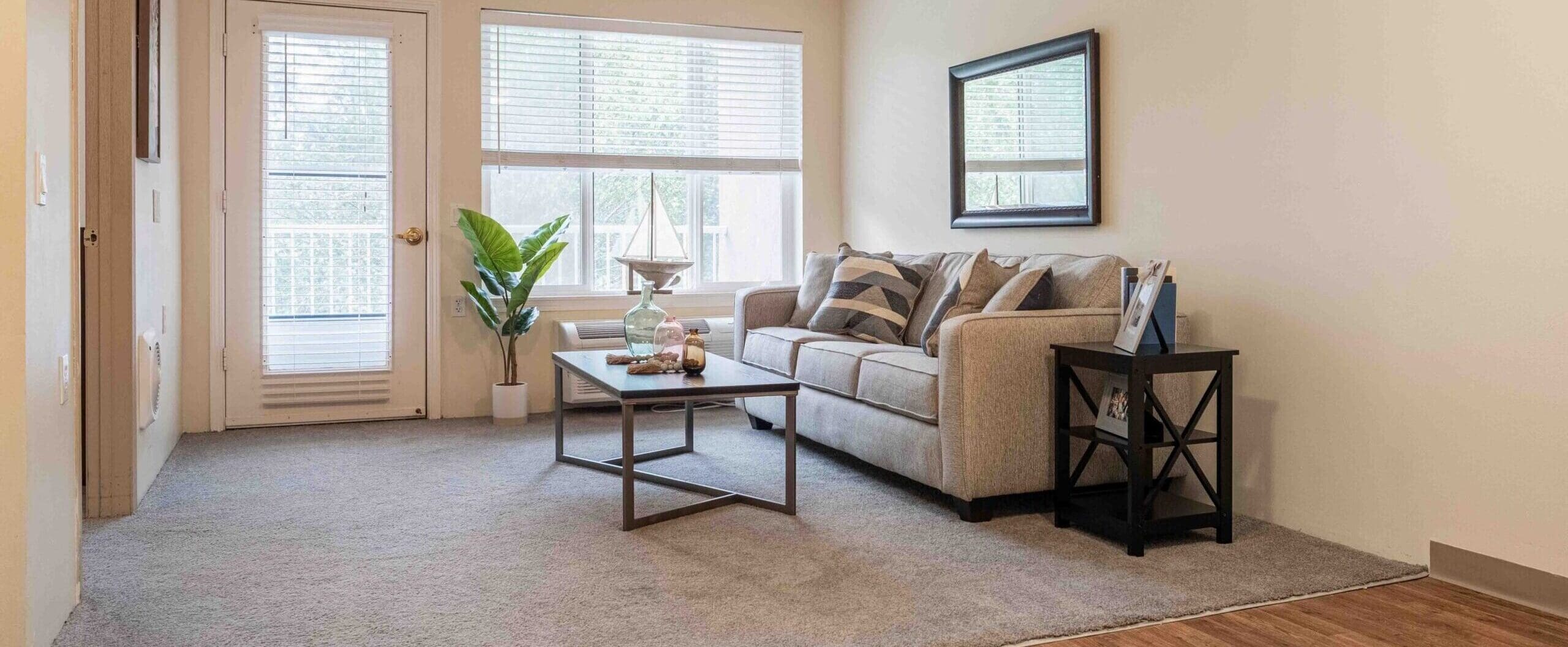 A living room with a gray couch with throw pillows on it, a coffee table with three vases, a side table with photo frames on it, and a potted plant by the door leading to the balcony at Augustine Landing near Orange Park, FL.