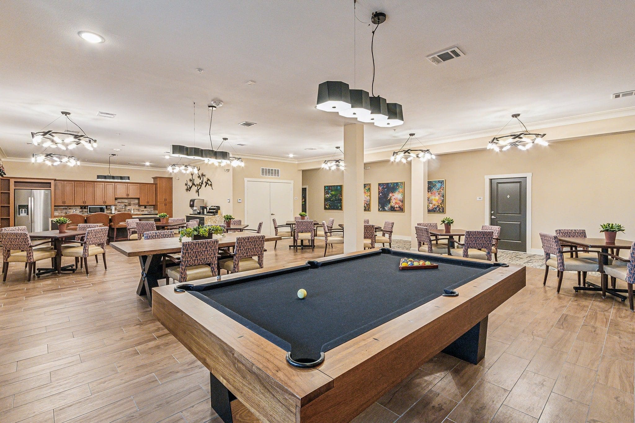 Billiards room at The Lakes at Woodhaven Village, a retirement community near Houston.